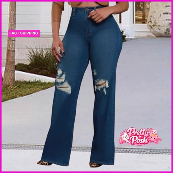 High Waisted Wide Leg Jeans Stretch Denim Pants Baggy Straight Leg - Picture 6 of 7